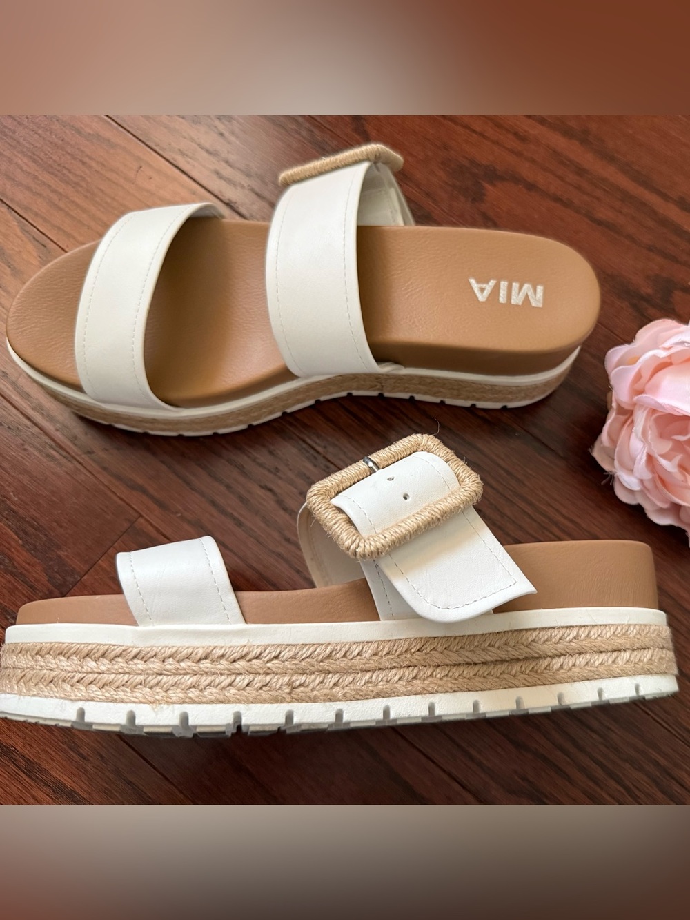 MIA White Espadrille Platform Slide Sandals Rope Buckle Size 9